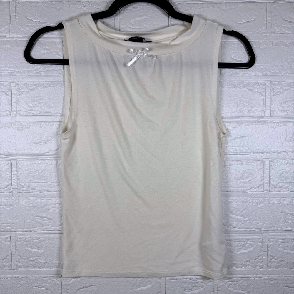 Forever 21 Tank Top Womens Small Cream Bow Accent Sleeveless Ribbed Shell